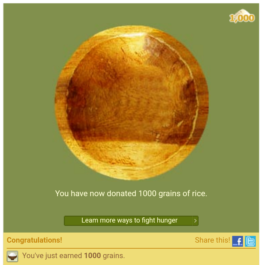 314. Donate 10,000 grains of rice to 'help end world hunger'